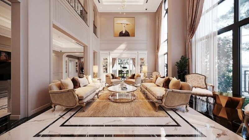 Bố trí nội thất phòng khách thông tầng biệt thự tân cổ điển cao cấp tại Vinhomes Imperia Hải Phòng. Thiết kế nội thất