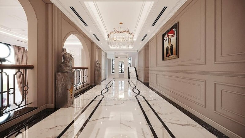 Đá lát nền đẹp tạo nên vẻ đẹp sang trọng, đẳng cấp cho không gian hành lang. Thiết kế nội thất