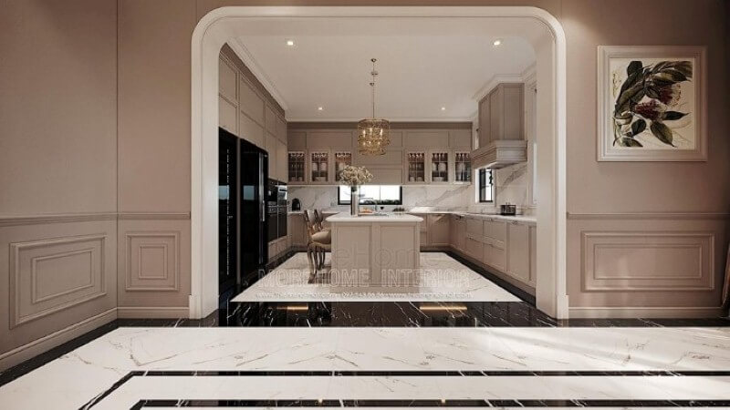 Sắp xếp nội thất phòng bếp chữ U phong cách đương đại đẹp, sang trọng tại biệt thự cao cấp Hải Phòng. Thiết kế nội thất