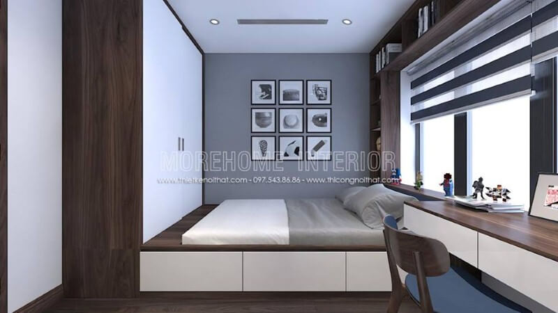 Tủ quần áo liền giường vân gỗ óc chó đẹp sang trọng. Thiết kế nội thất chung cư cao cấp