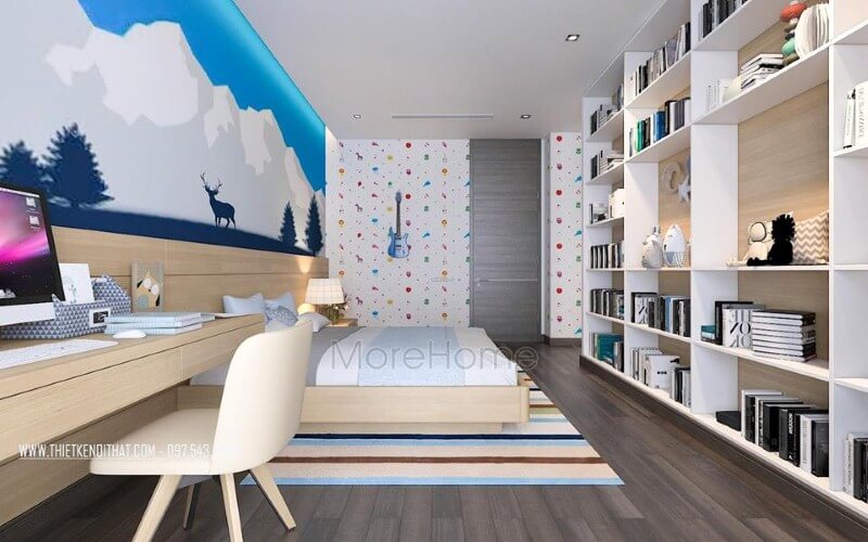 Kệ trang trí phòng ngủ con trai đẹp, sinh động với thiết kế tủ kệ trang trí nhiều ngăn giúp không gian trở nên thông thoáng, đẹp mắt. Thiết kế nội thất chung cư cao cấp