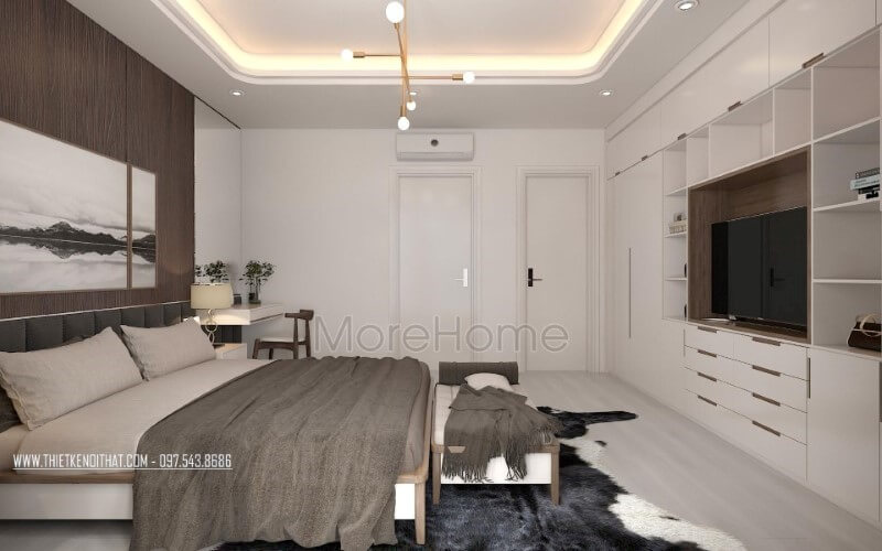 Bố trí phòng ngủ hiện đại đẹp, nhẹ nhàng sâu lắng với gam trắng từ tường kết hợp cùng gỗ óc chó sẫm màu ốp tường. Thiết kế nội thất chung cư cao cấp