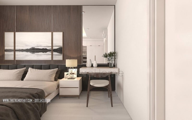 Bố trí phòng ngủ hiện đại, đẹp với gương trang trí, tranh treo tường canvas, đèn bàn cao cấp. Thiết kế nội thất chung cư cao cấp